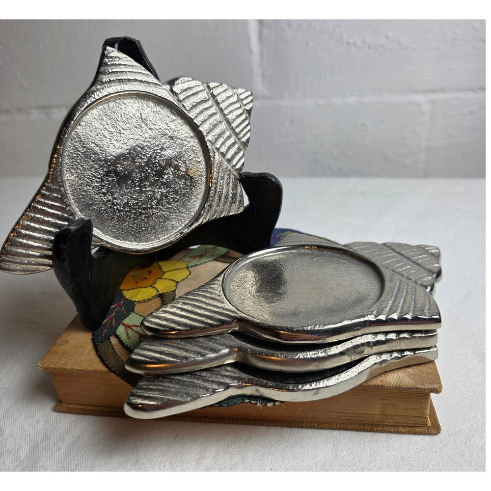 Tommy Bahama Silver Conch Shell Metal Coasters Set of 4 Nautical Coastal Beach